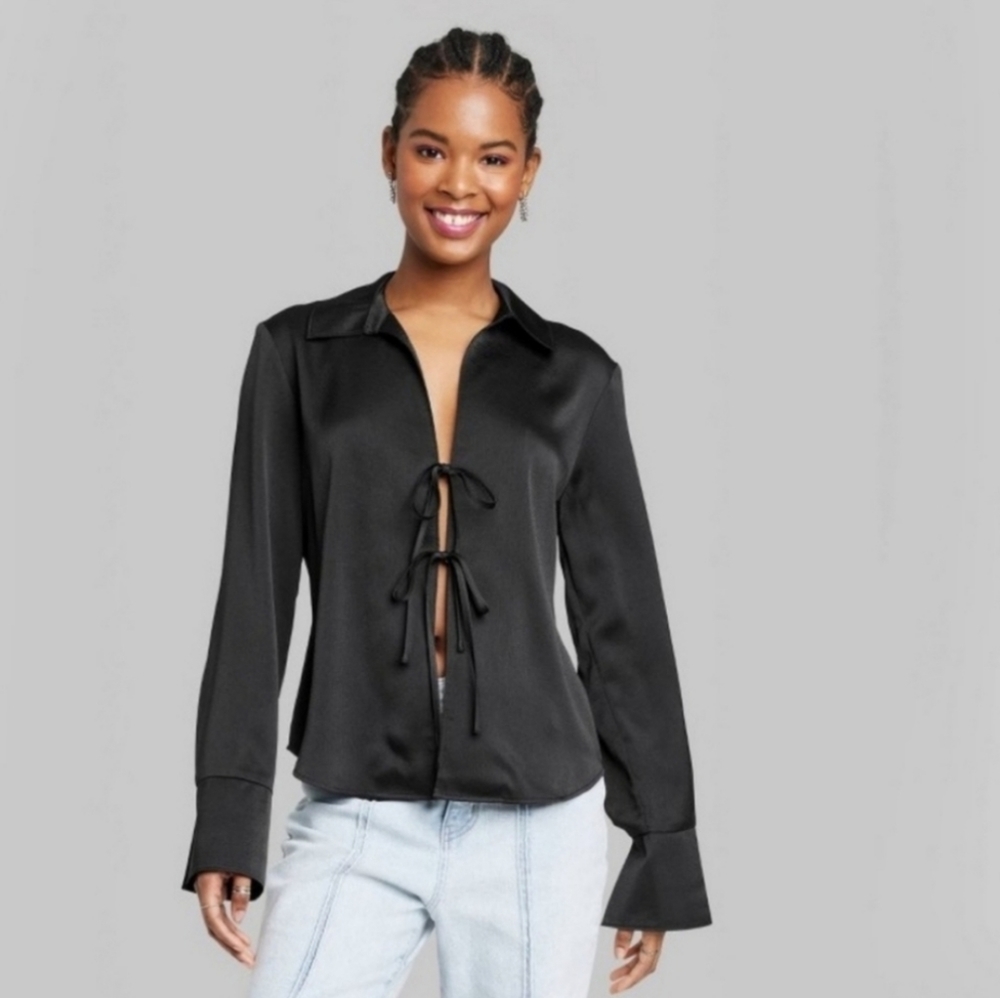wild fable Black Satin Tie-Front Blouse